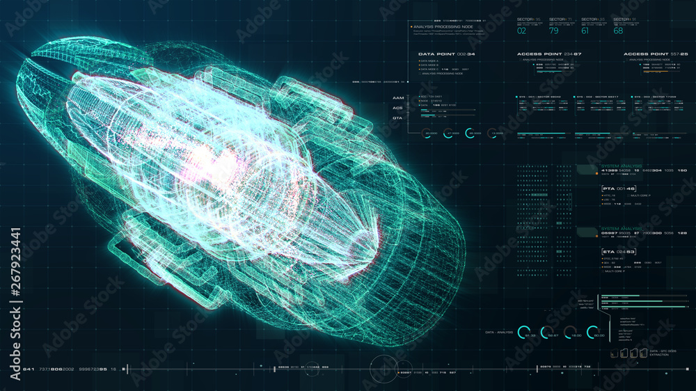 Poster Advance motion graphic futuristic user interface head up display screen with Holographic electromagnetic engine with gravitational fields energy particles wave and digital data telemetry information