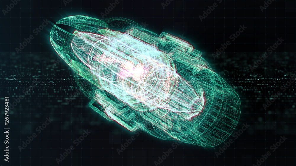 Aufkleber Advance motion graphic futuristic user interface head up display screen with Holographic electromagnetic engine with gravitational fields energy particles wave and digital data telemetry information