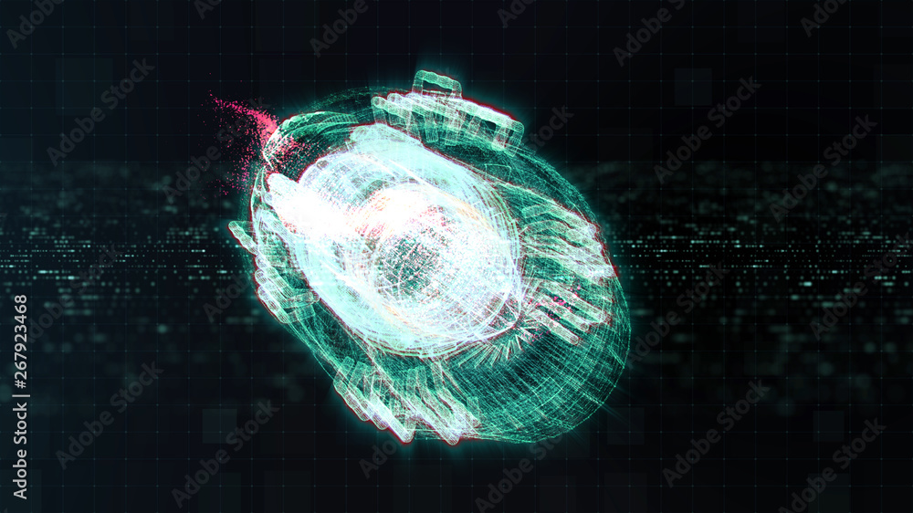 Poster Advance motion graphic futuristic user interface head up display screen with Holographic electromagnetic engine with gravitational fields energy particles wave and digital data telemetry information