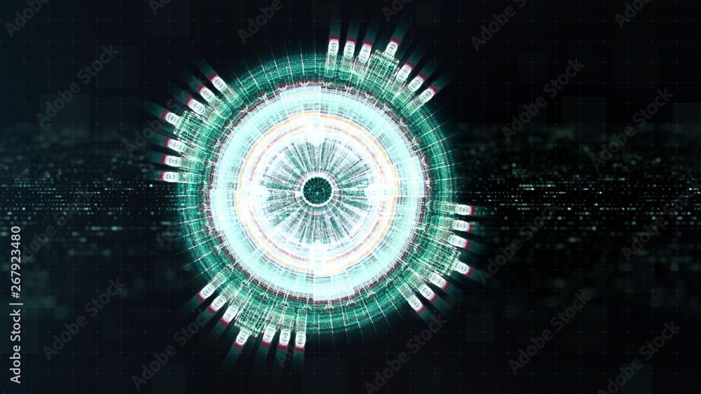 Aufkleber Advance motion graphic futuristic user interface head up display screen with Holographic electromagnetic engine with gravitational fields energy particles wave and digital data telemetry information