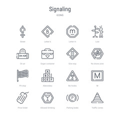 set of 16 signaling concept vector line icons such as traffic cones, parking brake, allowed drinking, price ticket, m, no hooks, abecedary, pit stop. 64x64 thin stroke icons