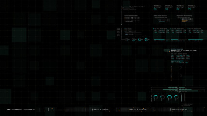 Futuristic source code digital data telemetry motion graphic display screen with user interface display for digital background computer desktop display screen