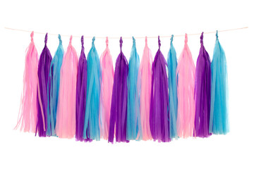 Garlands of paper tinsel pink, purple, blue colors