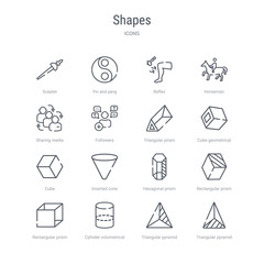 set of 16 shapes concept vector line icons such as triangular pyramid from top view, triangular pyramid volumetrical shape, cylinder volumetrical, rectangular prism volume, rectangular prism,