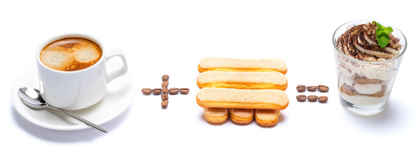 Cup of coffee plus savoiardi cookies equally Classic italian tiramisu dessert with blueberries in a glass