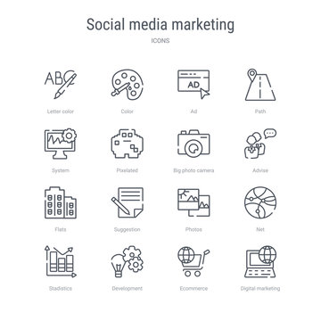 set of 16 social media marketing concept vector line icons such as digital marketing, ecommerce, development, stadistics, net, photos, suggestion, flats. 64x64 thin stroke icons