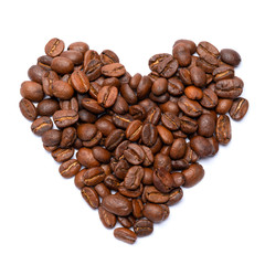heart shaped symbol of fresh roasted coffee beans