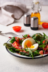Healthy salad with prosciutto, tomato and egg