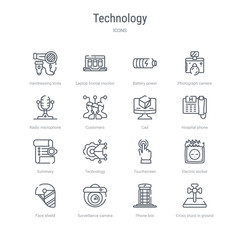 set of 16 technology concept vector line icons such as cross stuck in ground, phone box, surveillance camera, face shield, electric socket on fire, touchscreen, technology, summary. 64x64 thin