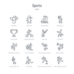 set of 16 sports concept vector line icons such as man practicing martial arts, man jumping an obstacle, golf player, cricket player with bat, man losing hat, playing volleyball, two judo fighters,