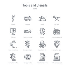 set of 16 tools and utensils concept vector line icons such as daily specials board, fuel oil bomb service, hosepipe tool to extinguish fire or gardening, semaphore traffic lights, semaphore light,