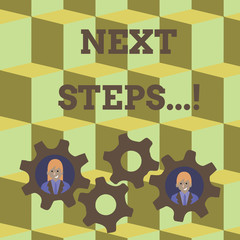 Word writing text Next Steps. Business photo showcasing something you do after you have finished doing first one Two Business People Each Inside Colorful Cog Wheel Gears for Teamwork Event