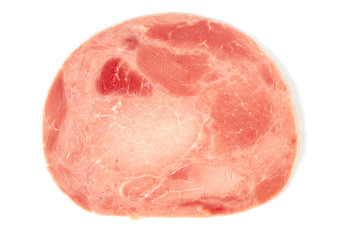 Sliced boiled ham sausage isolated on white