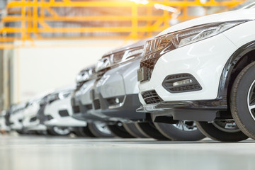 Cars For Sale, Automotive Industry, Cars Dealership Parking Lot. Rows of Brand New Vehicles...