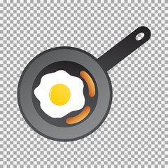 Frying pan top view icon with fried egg and sausages. Vector illustration in flat style on transparent background. - Vector