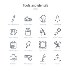 set of 16 tools and utensils concept vector line icons such as candies, writing tool, battery charging status, print button, kitchen tools, basic square, tack save button, calendar with six days.