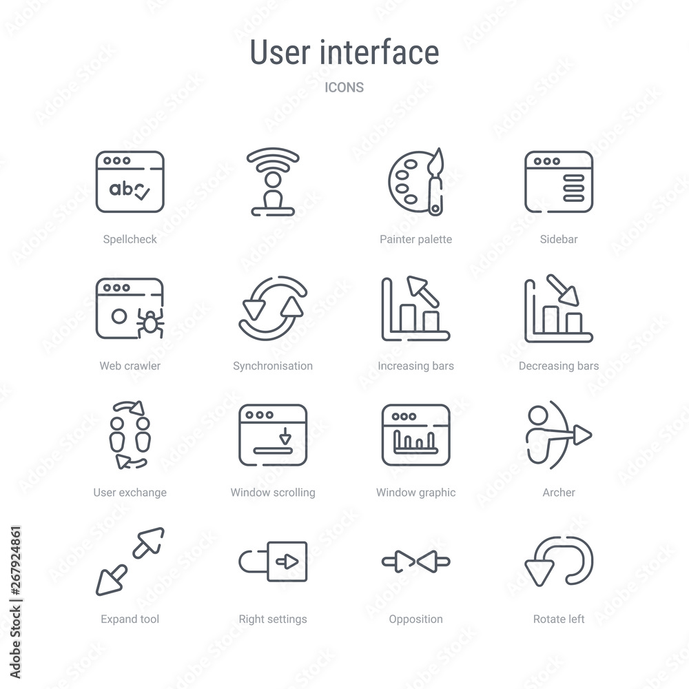 Poster set of 16 user interface concept vector line icons such as rotate left, opposition, right settings, 