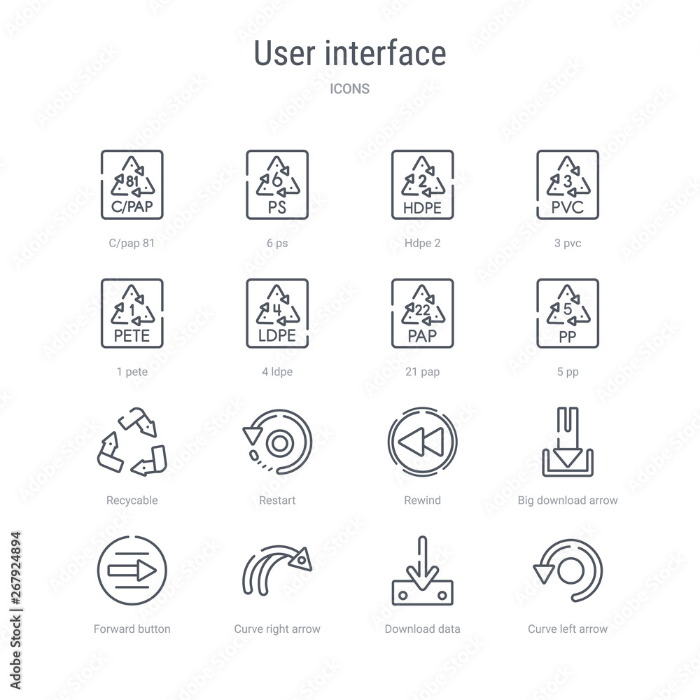 Poster set of 16 user interface concept vector line icons such as curve left arrow, download data, curve ri