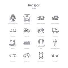 set of 16 transport concept vector line icons such as formula 1, shock breaker, midget car, motorsport, hands free device, way, bobsleigh, sailing. 64x64 thin stroke icons