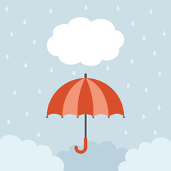 Red umbrella with raindrops on cloud background