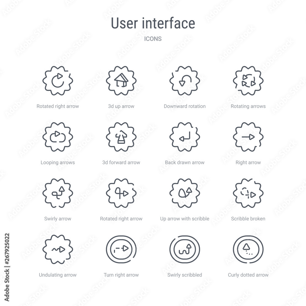 Poster set of 16 user interface concept vector line icons such as curly dotted arrow, swirly scribbled arro