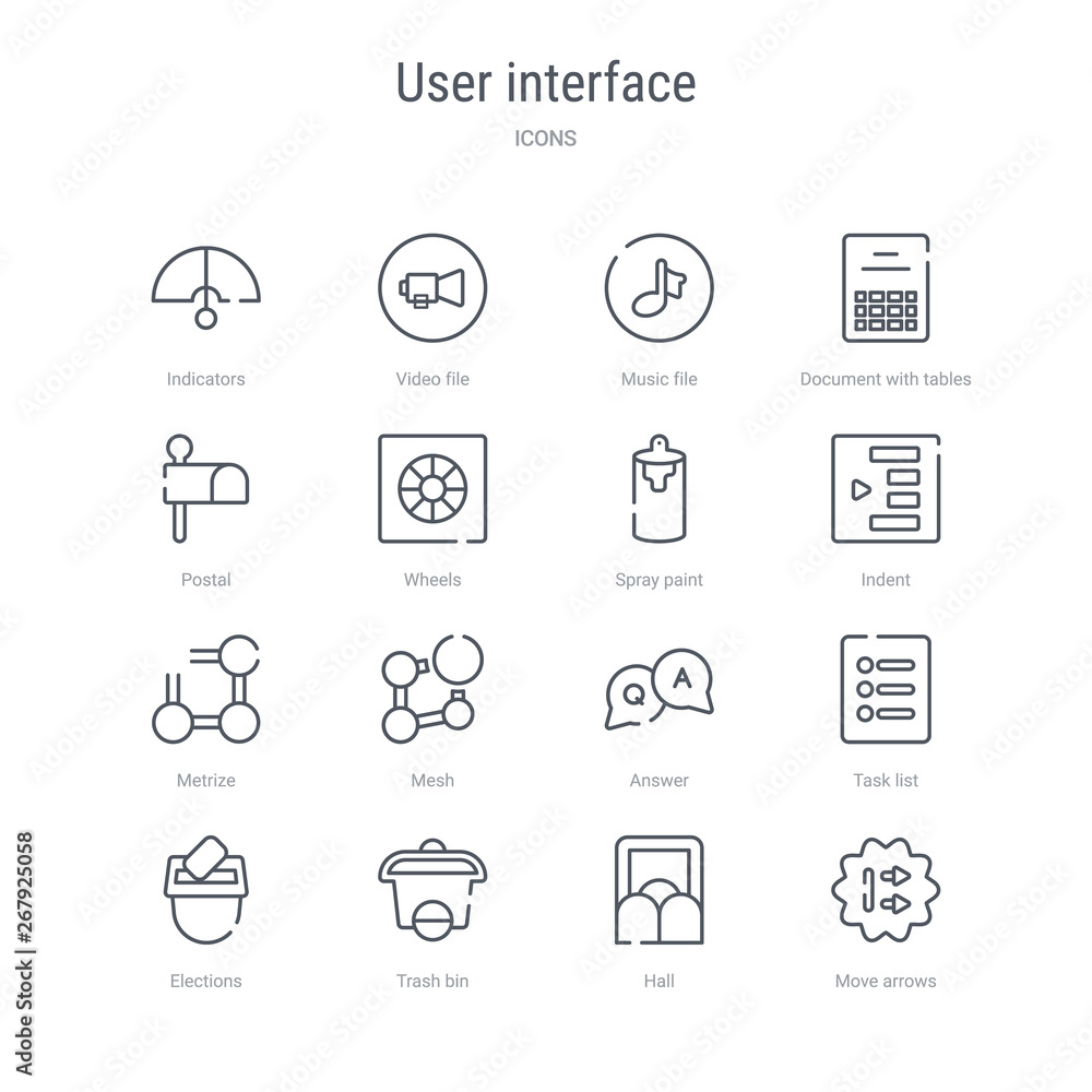Poster set of 16 user interface concept vector line icons such as move arrows, hall, trash bin, elections, 