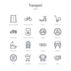 set of 16 transport concept vector line icons such as blimp, public transport, babysitter, shift, stability, car lights, boating, diesel train. 64x64 thin stroke icons