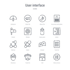 set of 16 user interface concept vector line icons such as move arrows, hall, trash bin, elections, task list, answer, mesh, metrize. 64x64 thin stroke icons