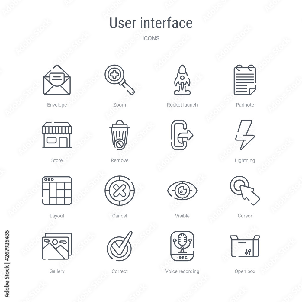 Poster set of 16 user interface concept vector line icons such as open box, voice recording, correct, galle