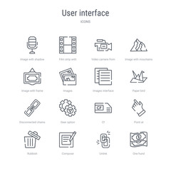 set of 16 user interface concept vector line icons such as one hund, unlink, compose, rubbish, point at, cf, gear option, disconnected chains. 64x64 thin stroke icons