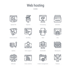 set of 16 web hosting concept vector line icons such as feature, folder management, color scheme, edit text, mockup de, bandwidth, tech support, uptime. 64x64 thin stroke icons