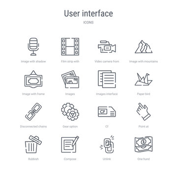 set of 16 user interface concept vector line icons such as one hund, unlink, compose, rubbish, point at, cf, gear option, disconnected chains. 64x64 thin stroke icons
