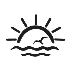 Sun, bird  and sea. Vector icon isolated on black background.