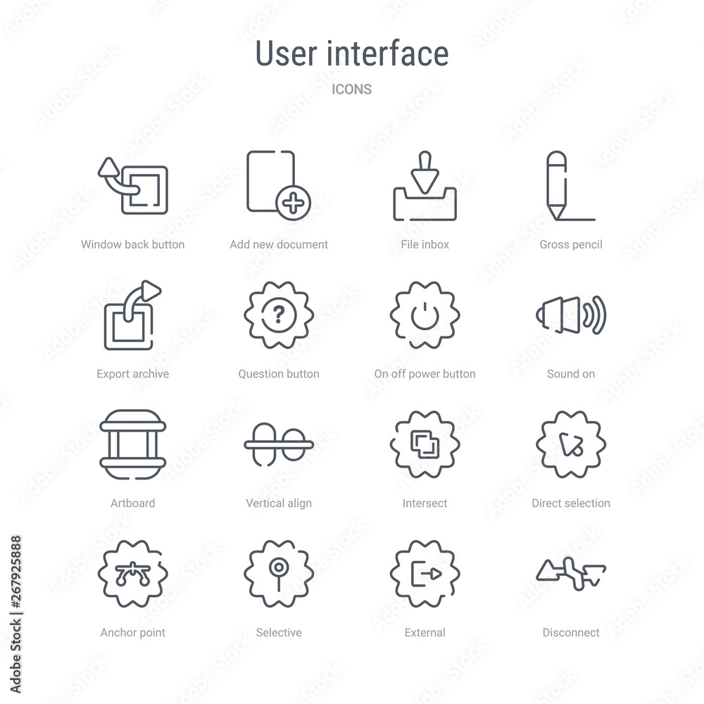 Poster set of 16 user interface concept vector line icons such as disconnect, external, selective, anchor p