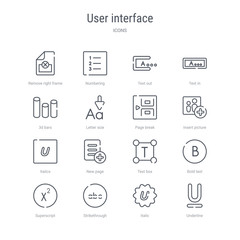 set of 16 user interface concept vector line icons such as underline, italic, strikethrough, superscript, bold text, text box, new page, italics. 64x64 thin stroke icons