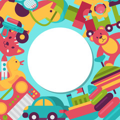 Obraz premium Baby toy round pattern in flat cartoon style. Kids game teddy bear, pyramid, doll. Children fun and activity play colorful kindergarten background vector illustration.