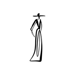 Fashion model runway silhouette hand drawn sketch, stylized woman isolated on white background. Vector illustration