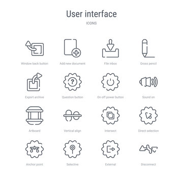set of 16 user interface concept vector line icons such as disconnect, external, selective, anchor point, direct selection, intersect, vertical align, artboard. 64x64 thin stroke icons