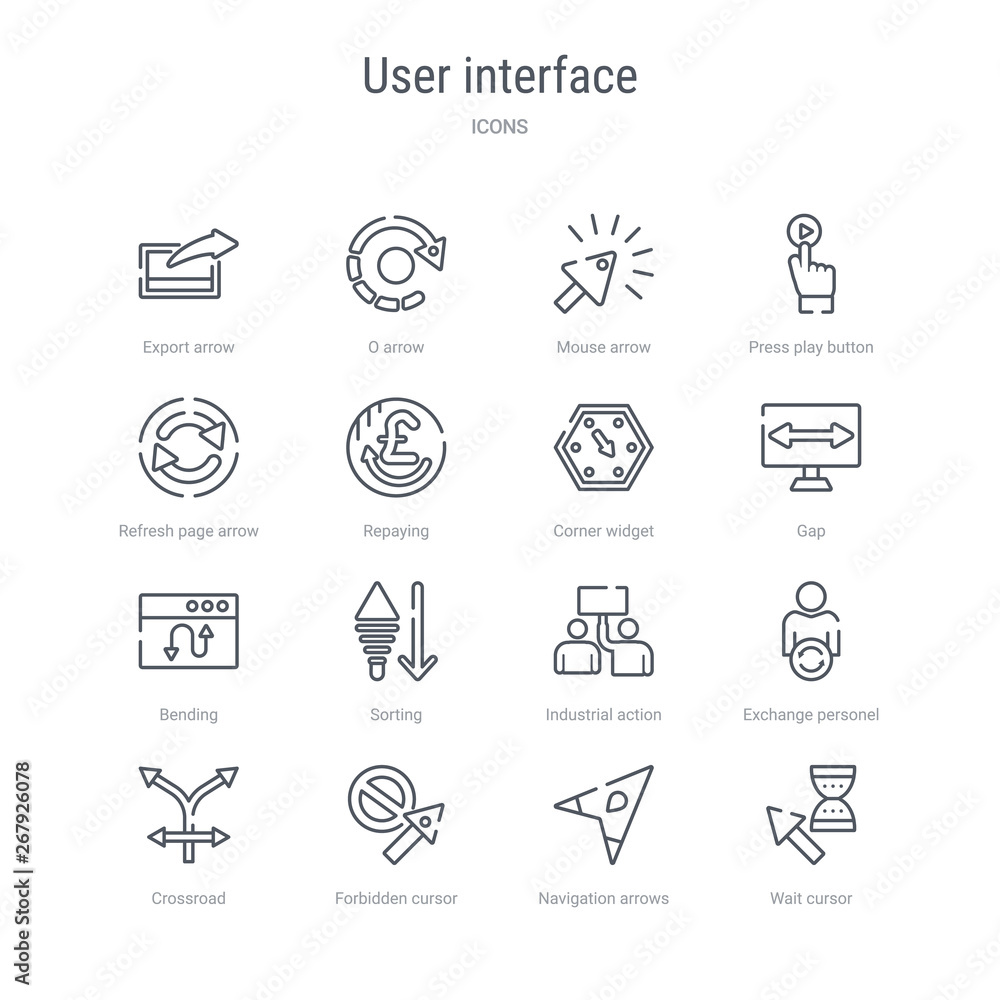 Poster set of 16 user interface concept vector line icons such as wait cursor, navigation arrows, forbidden