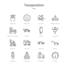 set of 16 transportation concept vector line icons such as counter, prehistoric, trolley bag, spark plug, muffler, racing car, eco truck, doorman. 64x64 thin stroke icons