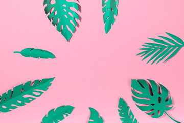 Fototapeta na wymiar tropical leaves cut from paper on a pink background.