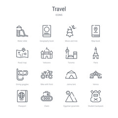 Fototapeta premium set of 16 travel concept vector line icons such as student backpack, egyptian pyramids, claim, passport, venice, jaima tent, bike with front basket, diving goggles. 64x64 thin stroke icons
