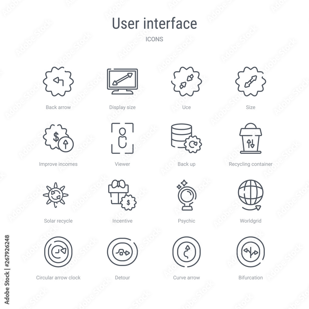 Poster set of 16 user interface concept vector line icons such as bifurcation, curve arrow, detour, circula