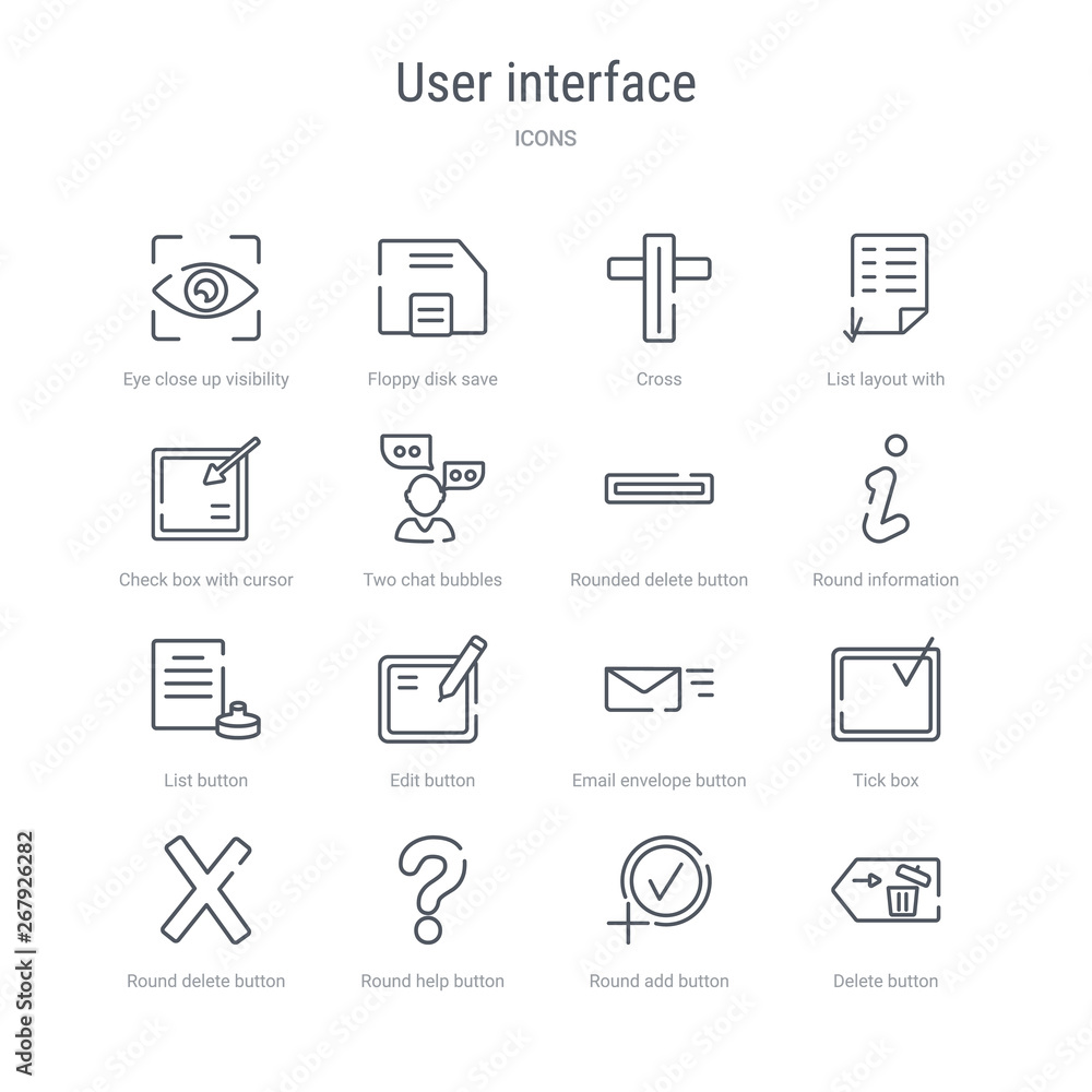Poster set of 16 user interface concept vector line icons such as delete button, round add button, round he