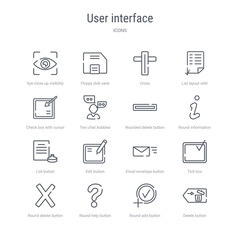 set of 16 user interface concept vector line icons such as delete button, round add button, round help button, round delete tick box, email envelope edit list 64x64 thin stroke icons