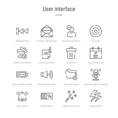 set of 16 user interface concept vector line icons such as lightning flash, magic wand button, slide to unlock, alarm button, voice message microphone button, add folder round volume battery medium