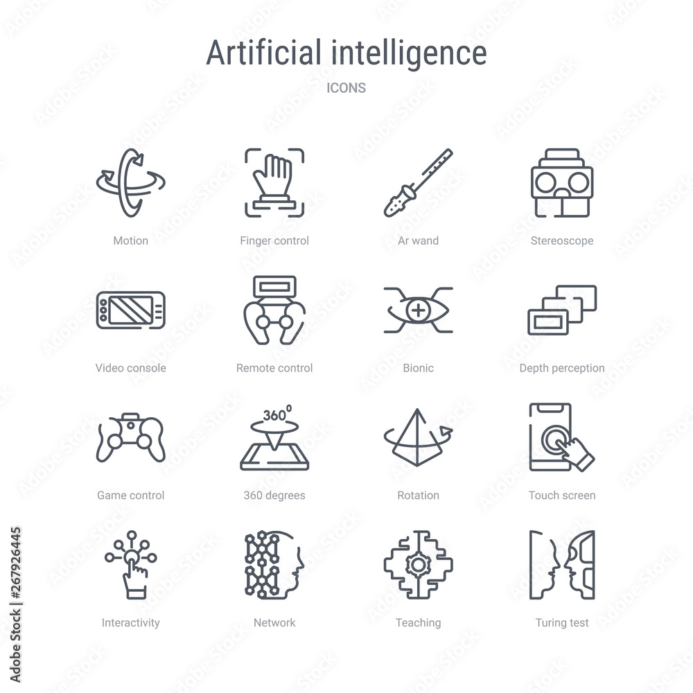 Poster set of 16 artificial intelligence concept vector line icons such as turing test, teaching, network, 