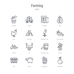 Fototapeta premium set of 16 farming concept vector line icons such as vegetable, vegetables, sheep, silo, farmer, chicken coop, ox, tractor. 64x64 thin stroke icons