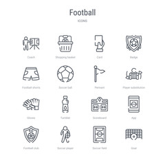 set of 16 football concept vector line icons such as goal, soccer field, soccer player, football club, app, scoreboard, tumbler, gloves. 64x64 thin stroke icons