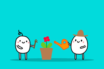 Two cartoon men taking care about plant in a pot. Hand drawn illustration. Vector.